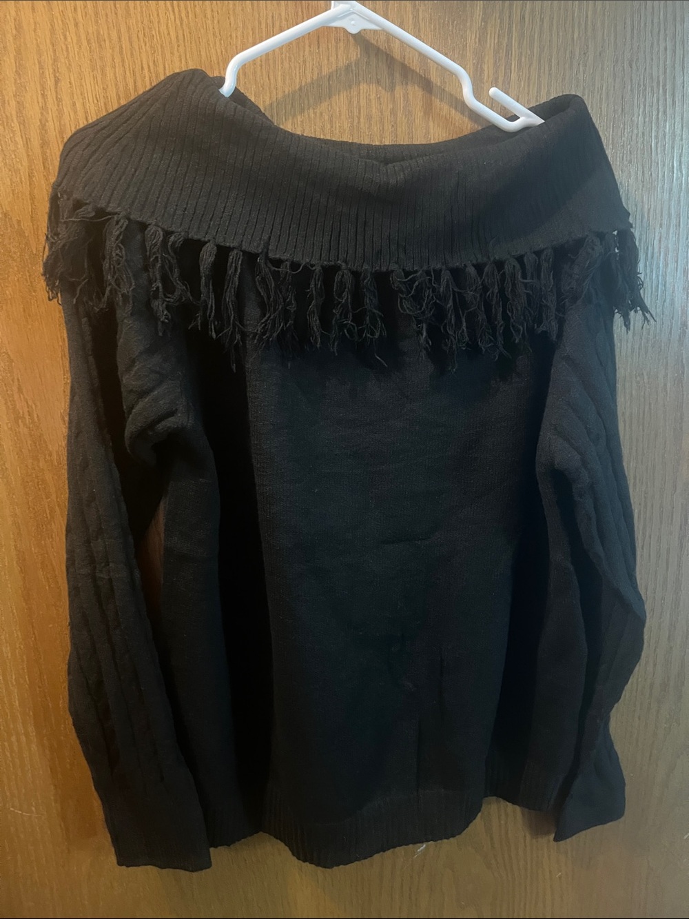 Black Off-the-Shoulder Fringe Sweater